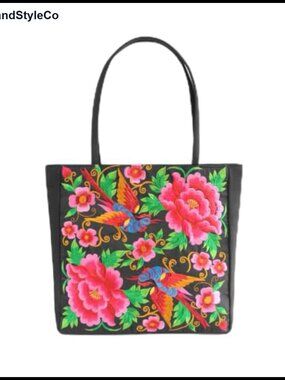 Floral Embroidered Tote Bag Polyester Zipper Shoulder Casual